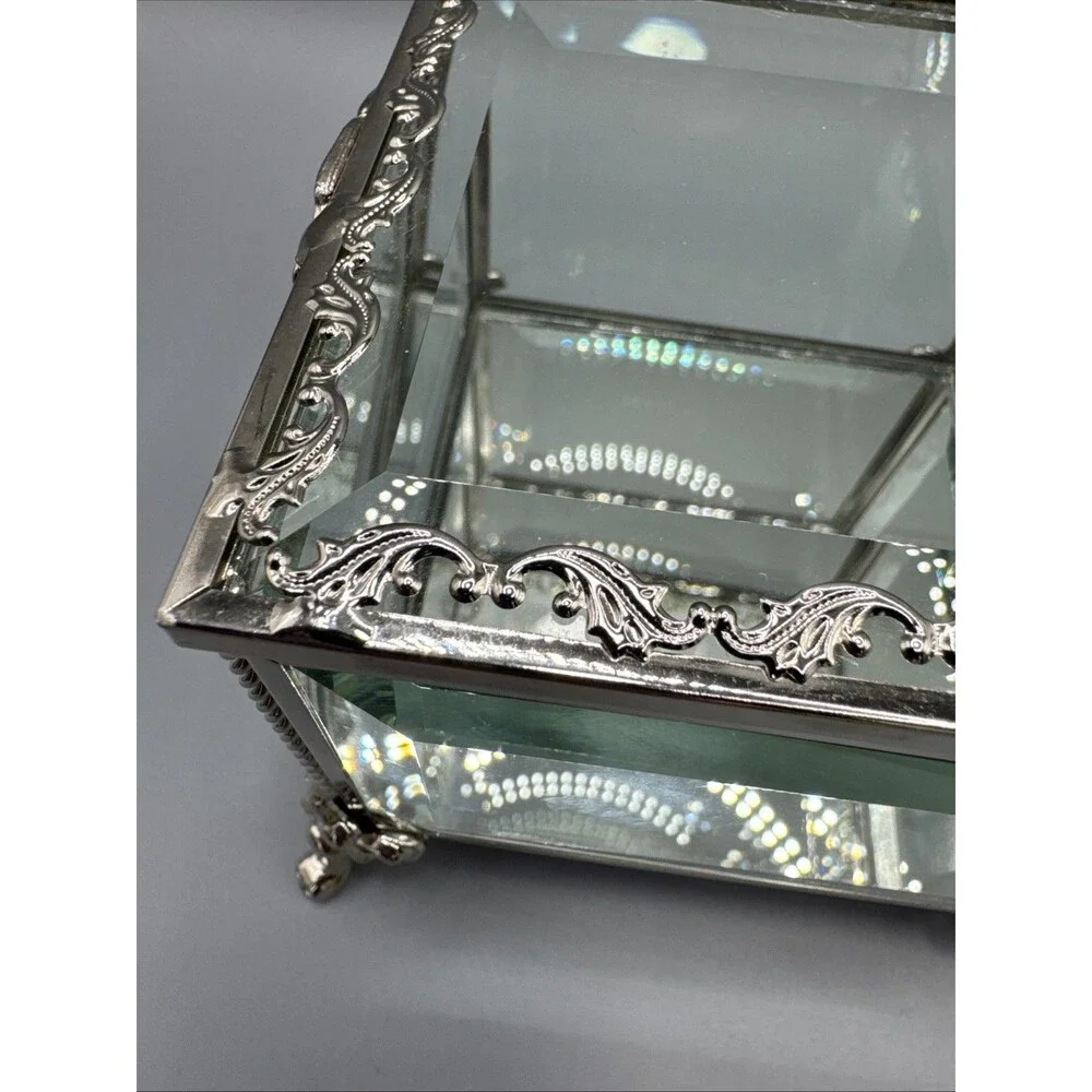 Cynthia Rowley Beveled Glass Jewelry Box Silver Trinket Keepsake Box 3.5x4x4.25